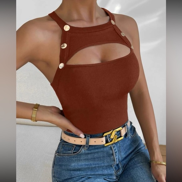 Tops - Luxe button detail cutout halter top